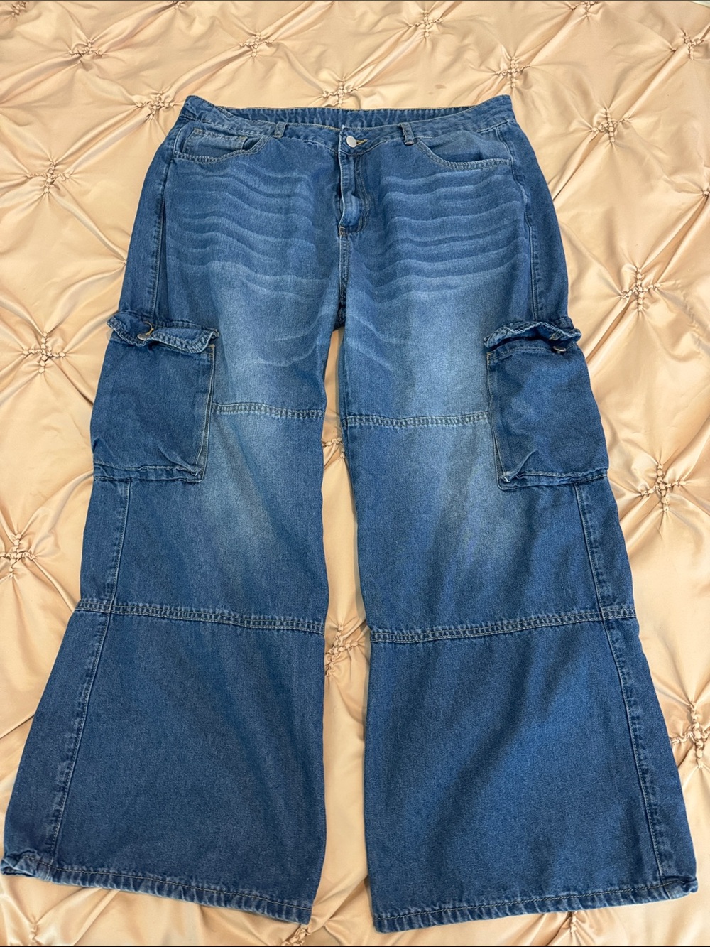SHEIN Blue Wide-Leg Cargo Denim Jeans for Women